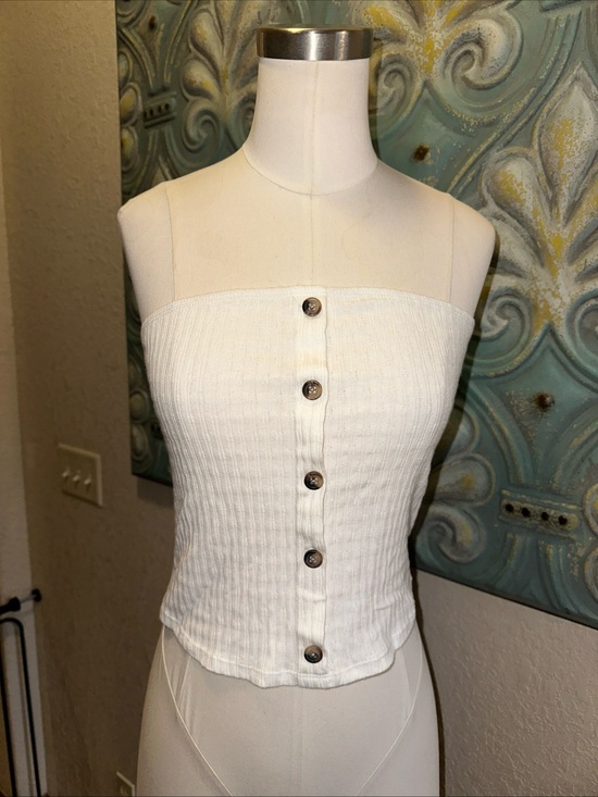 American Eagle Outfitters Tops - American Eagle Outfitters White Strapless Ribbed Button-Front Crop Top